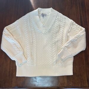 J.Crew Women’s 100% Cotton Cream Ivory V-Neck Cable Knit Sweater Sz S Classic